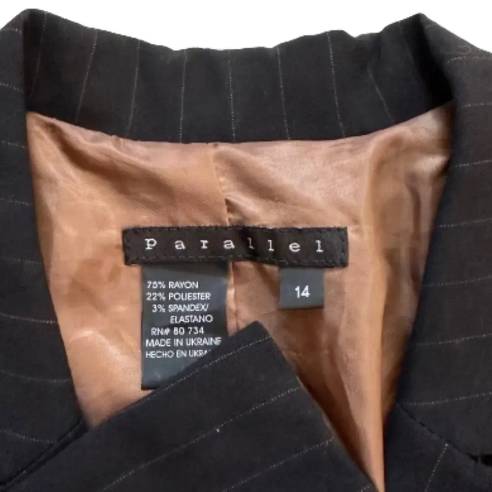 Parellel Blazer Jacket Black Brown Pinstriped Button Front Career Office Size 14
